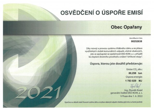 Osvědčení o úspoře emisí za rok 2021
